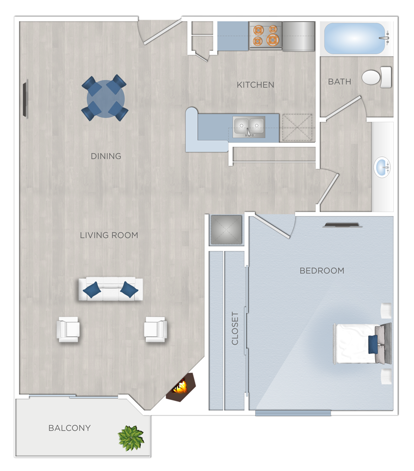 Floor plan for 1 bed, 2 baths, 679 sqft